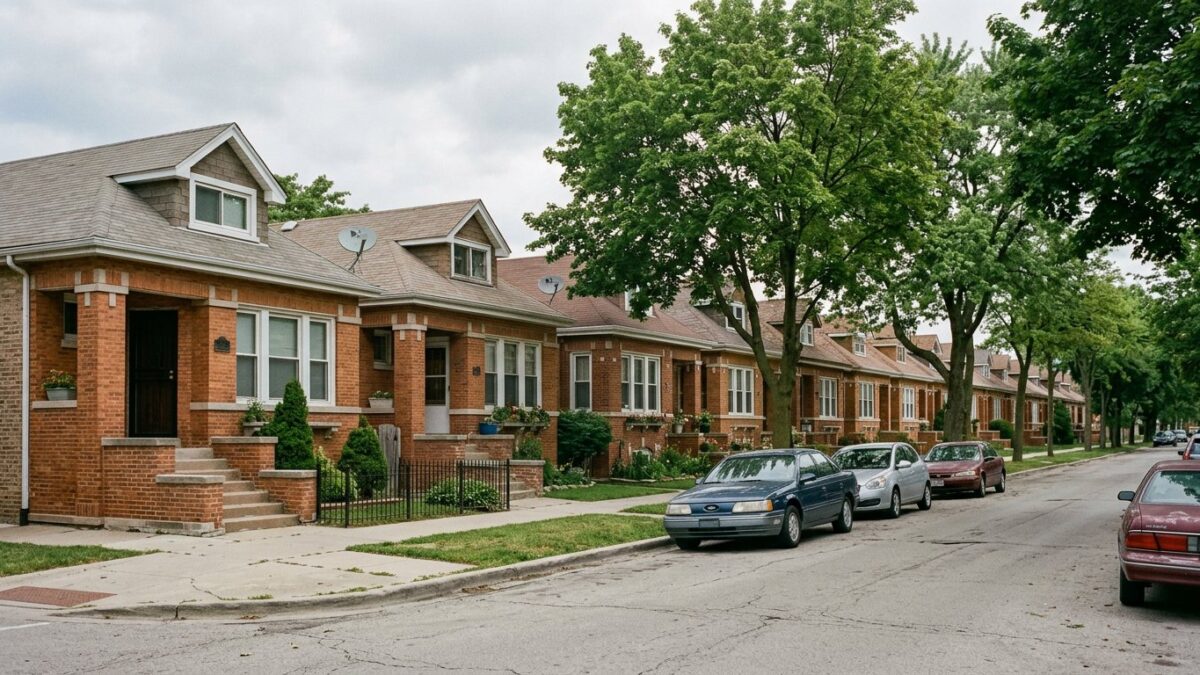 A row of 1920s brick bungalows on a Chicago residential street with mature parkway trees on an overcast day.