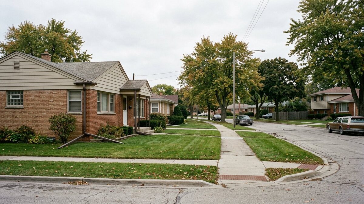 A quiet post-war suburban street of brick-and-siding ranch houses with wide lawns and mature maples.