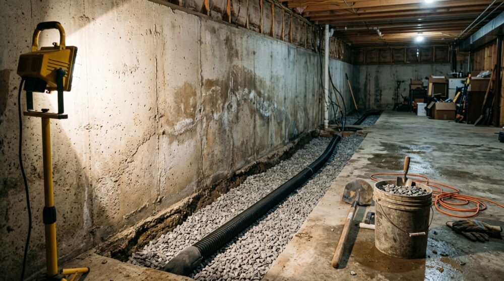 A perimeter drain tile trench cut along a basement wall, with washed gravel and corrugated pipe in place under a work light.