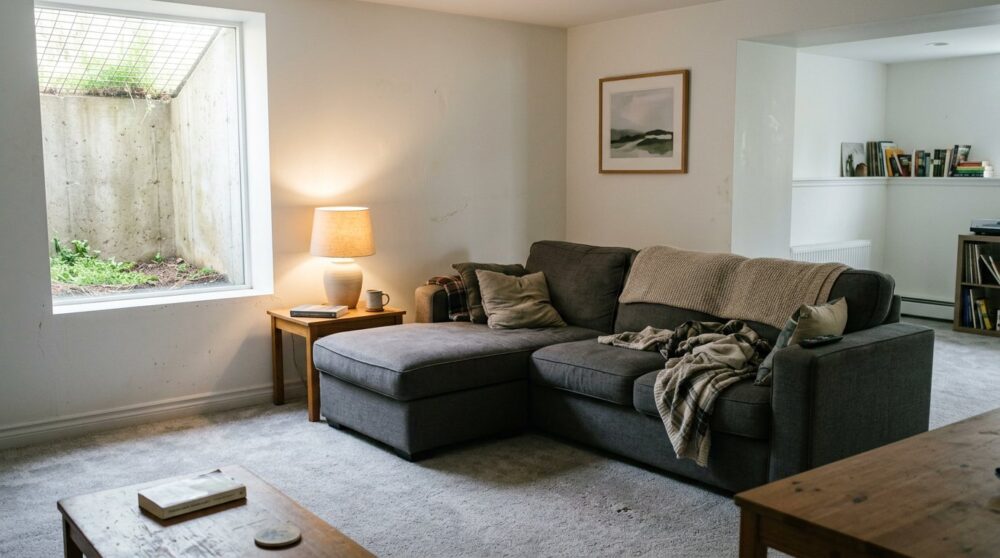 A dry, finished basement family room with warm lamps, gray carpet, a sectional sofa and daylight from a window well.