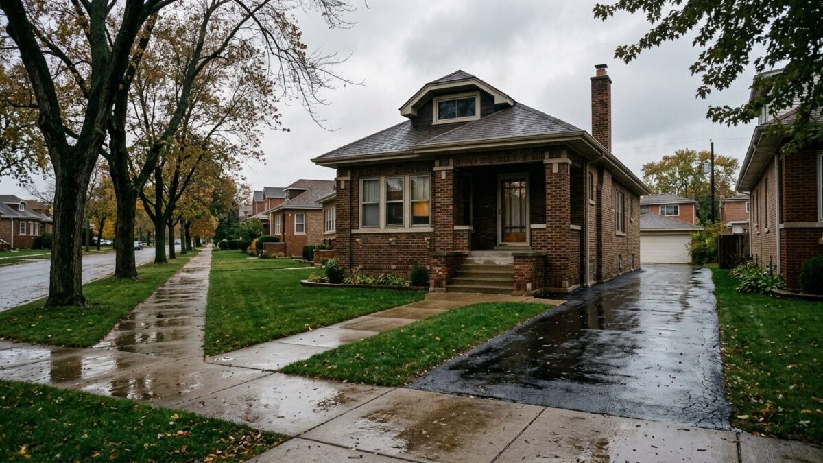 A 1920s brick Chicago bungalow on an overcast morning after rain, with a wet driveway and mature parkway trees.
