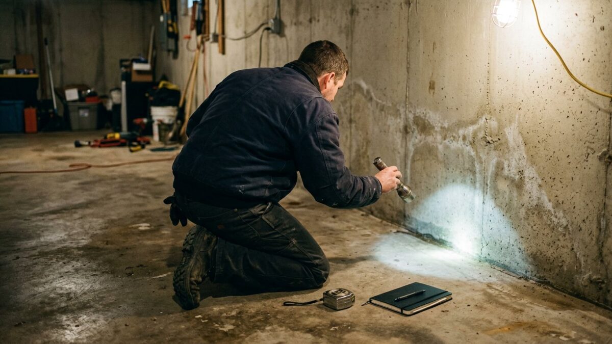 A contractor crouched at the base of a basement wall, checking the floor-wall joint with a flashlight, notebook and tape measure on the floor.