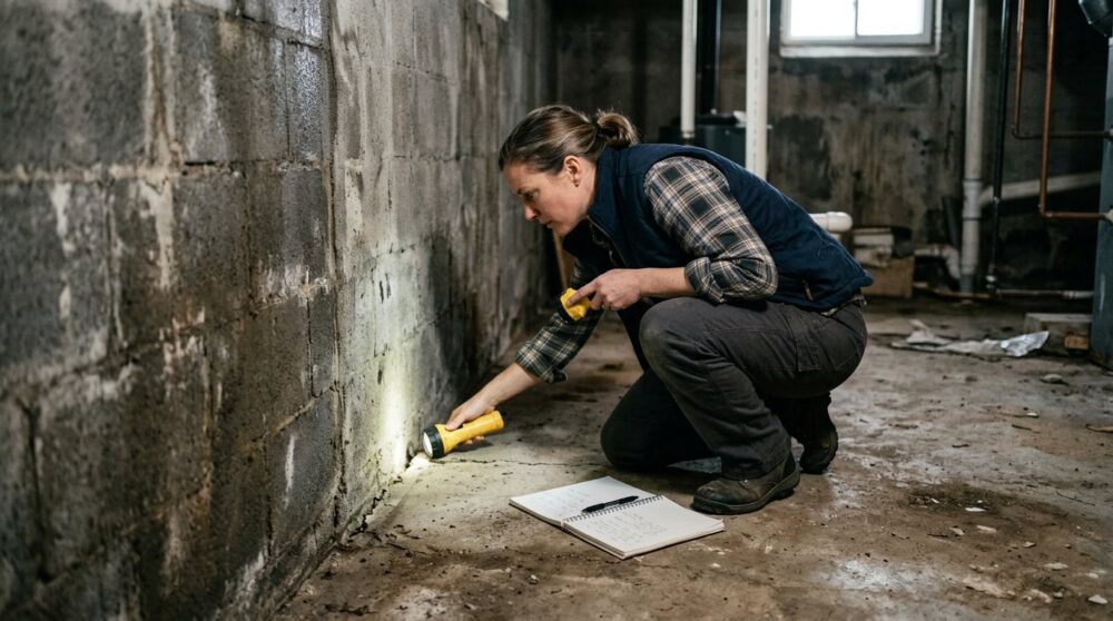 A person in work clothes crouched with a flashlight at the base of a basement wall, notebook open on the floor.