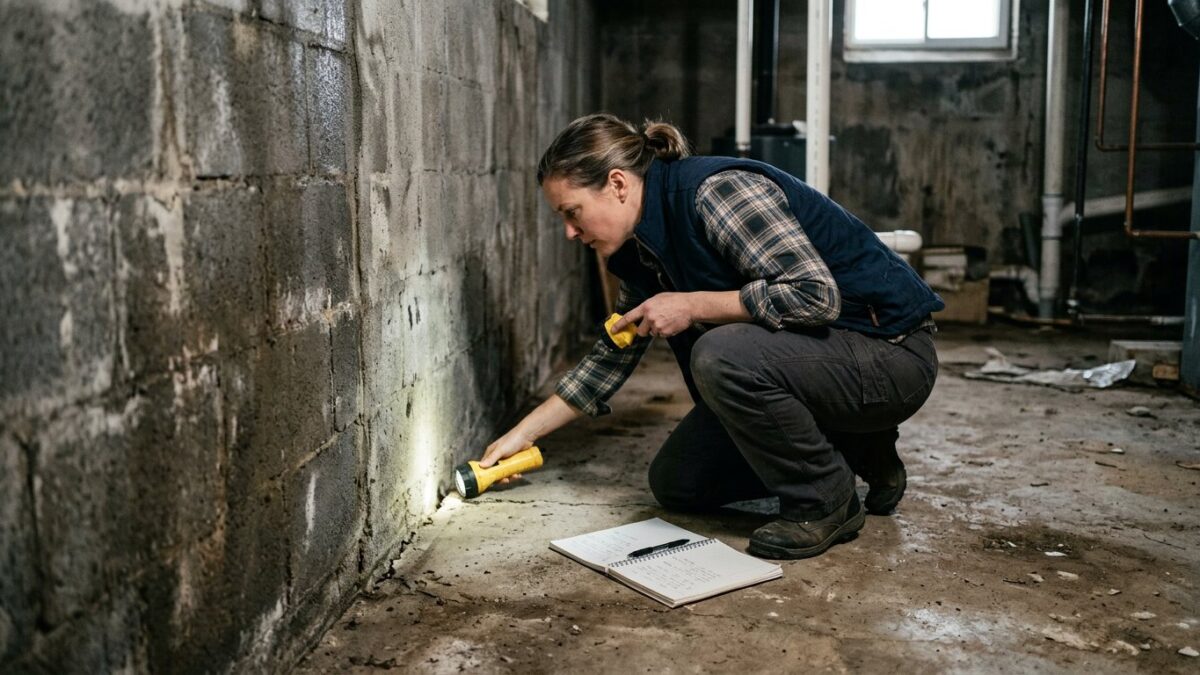 A person in work clothes crouched with a flashlight at the base of a basement wall, notebook open on the floor.