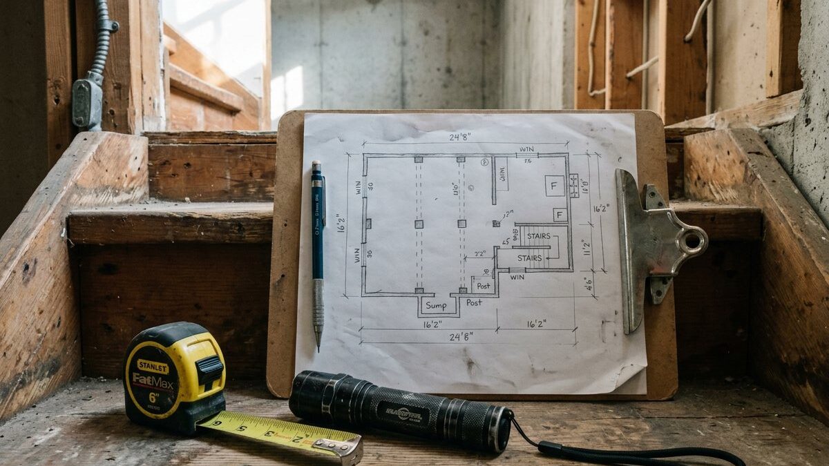 A clipboard with a hand-drawn basement inspection sketch and measurements beside a tape measure and flashlight.