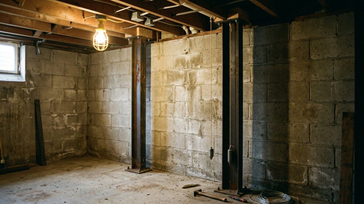 A concrete block basement wall reinforced with vertical steel I-beam braces bolted to the joists and slab.