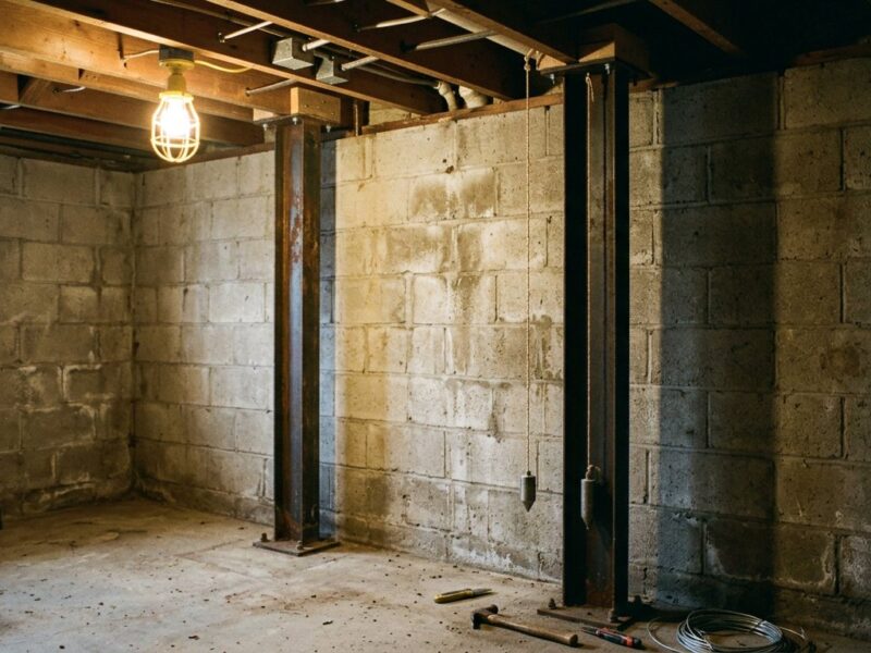 A concrete block basement wall reinforced with vertical steel I-beam braces bolted to the joists and slab.