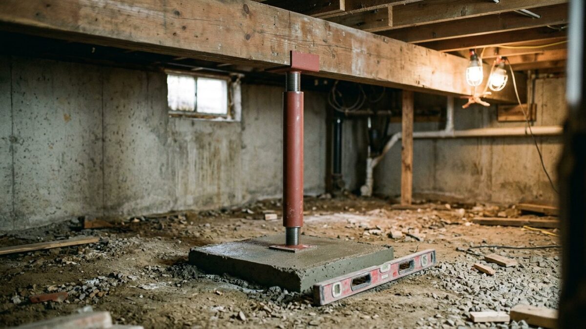 A new adjustable steel support column under a main beam in a basement, standing on a fresh concrete footing.