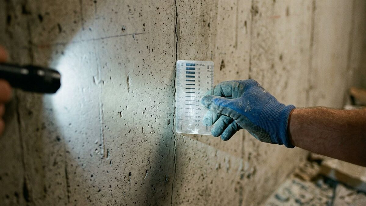 A gloved hand holding a crack-width measuring card against a hairline crack in a poured concrete wall.