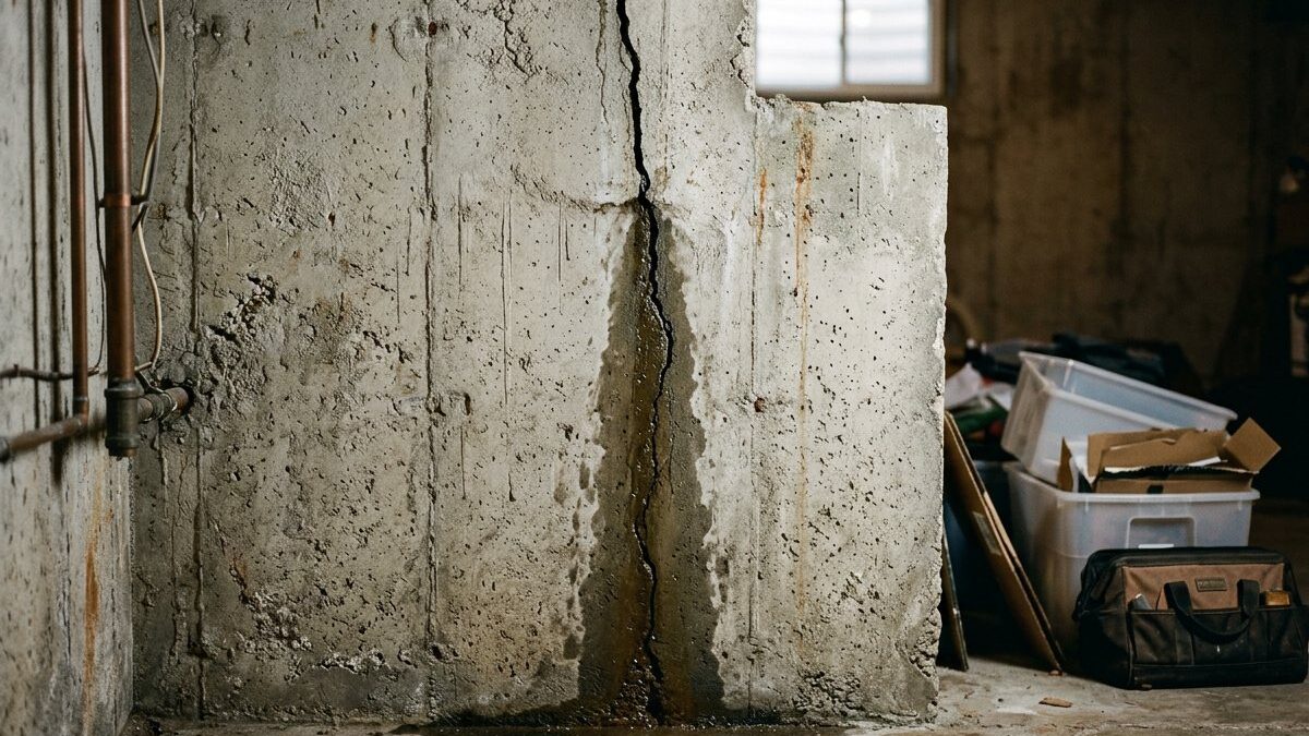 A vertical crack in a poured concrete basement wall with a dark water stain trailing down to a wet base.