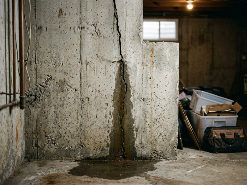 A vertical crack in a poured concrete basement wall with a dark water stain trailing down to a wet base.
