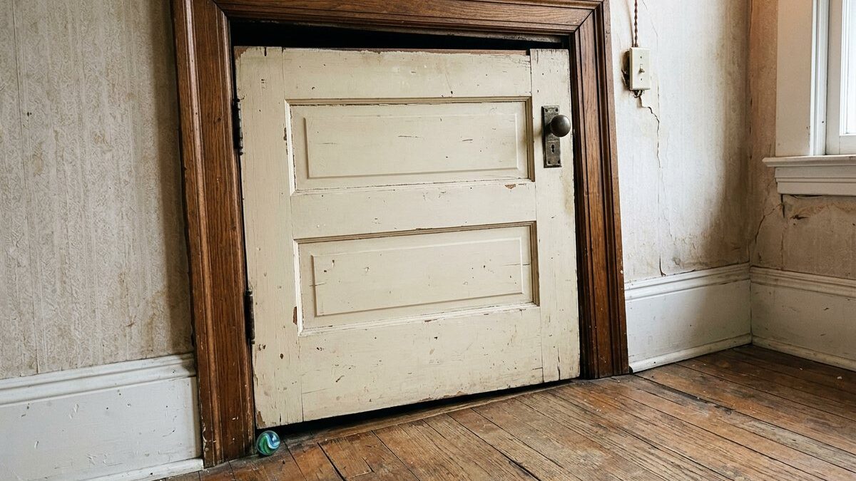 An interior door visibly out of square with its frame, with a gap at the top corner above a subtly sloping wood floor.