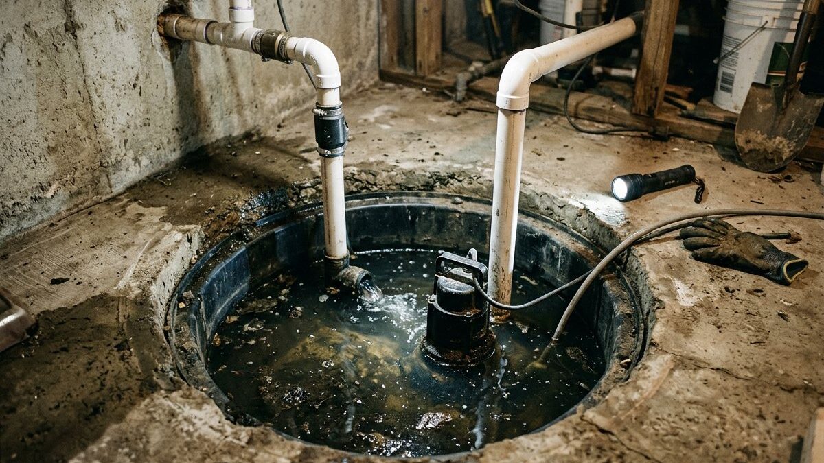 An open sump pit in a basement floor with a working pump, discharge pipe and water in the basin.