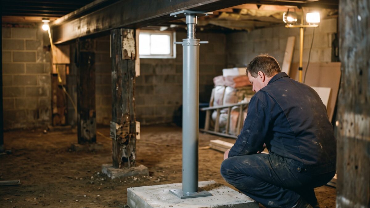 A new adjustable steel support column installed between a steel main beam and a fresh concrete footing in a basement.