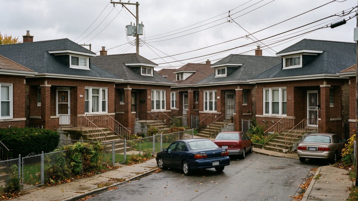 A dense street of nearly identical brick bungalows with hipped roofs and narrow gangways between them.