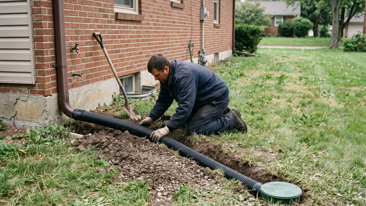 A buried corrugated downspout extension line in a shallow trench leading from a brick house to a green pop-up emitter in the lawn.