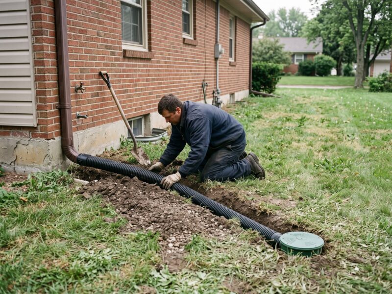 A buried corrugated downspout extension line in a shallow trench leading from a brick house to a green pop-up emitter in the lawn.