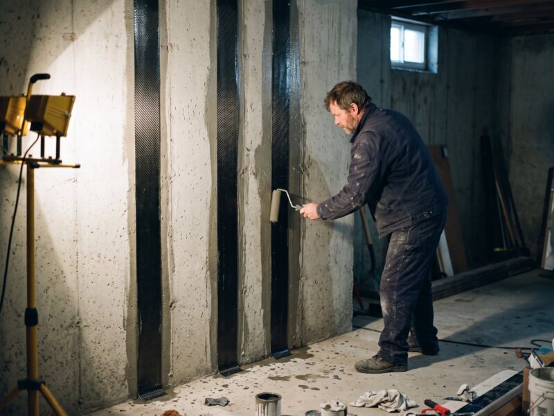 Three vertical carbon fiber straps epoxied to a poured concrete basement wall, with a worker smoothing the last strap with a roller.