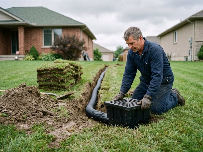A worker setting a square catch basin flush into a low spot of a suburban lawn, with an open trench and drain pipe leading away.