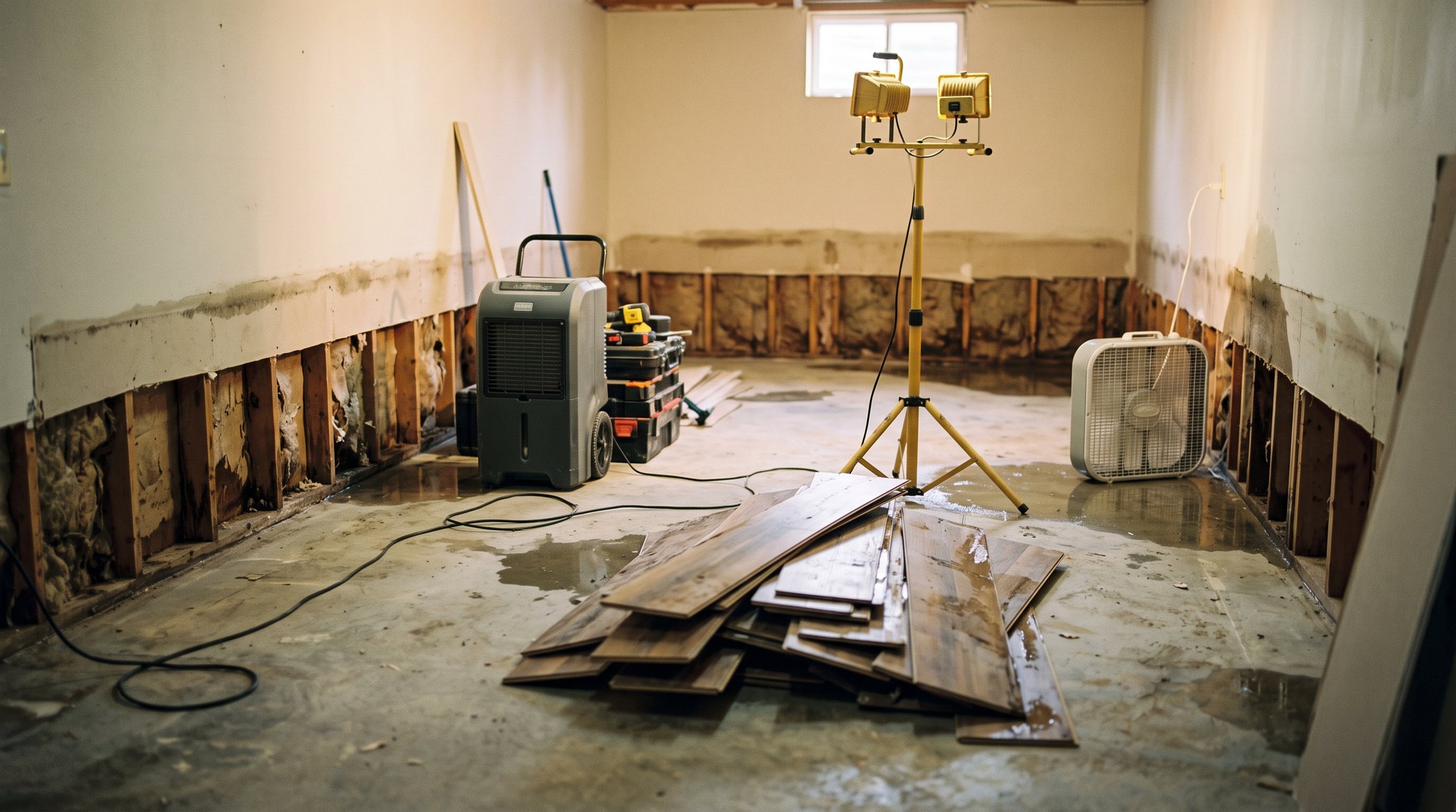 A basement being torn out after water damage, with the lower drywall cut away, wet studs exposed, warped flooring stacked in a pile and drying fans running.