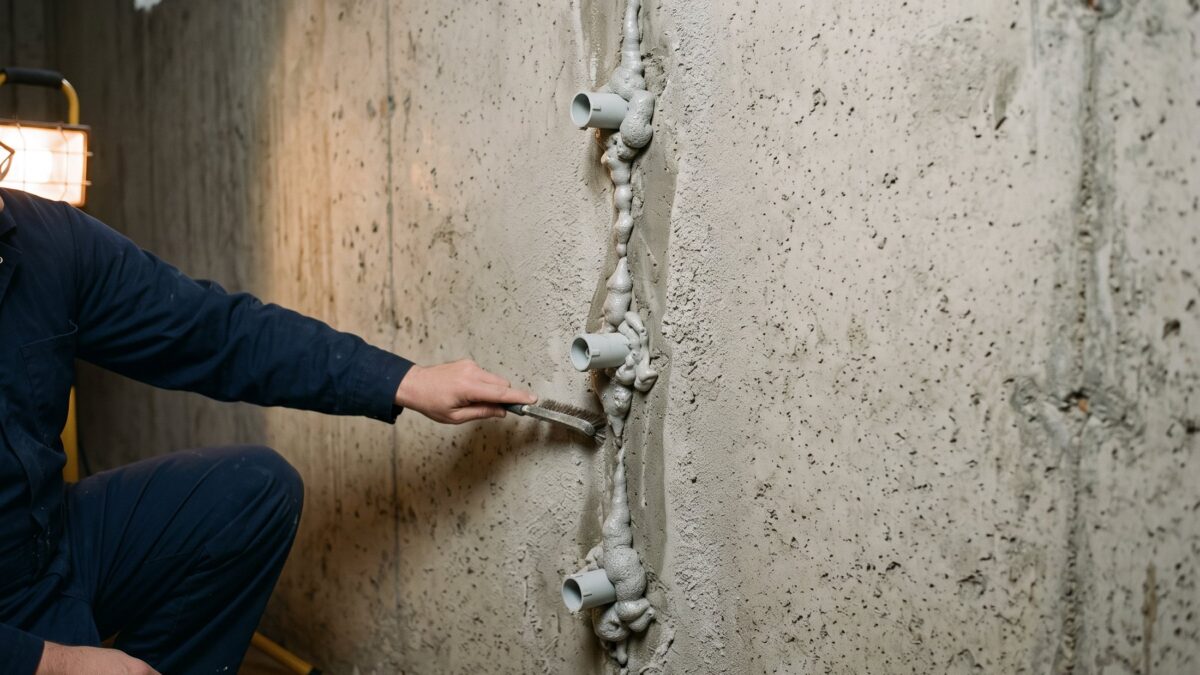 Close-up of a repaired foundation crack with cured urethane foam at the injection ports, showing the crack filled to full depth.