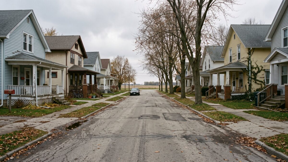 An older college-town residential street of modest pre-war houses with the flat prairie horizon visible past the block.