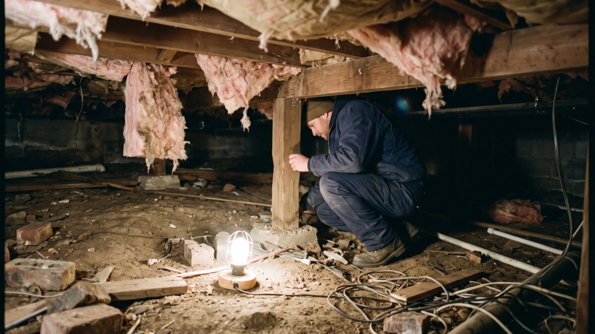 A cramped dirt-floor crawl space with bare soil, debris and sagging fiberglass insulation between the joists, lit by a single work light.