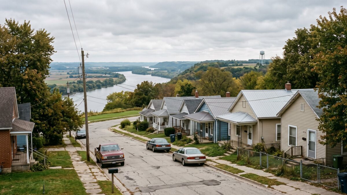 An older river-town street of modest pre-war houses on a bluff with a wide river valley in the distance.
