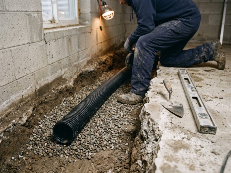 Perforated drain tile pipe resting in washed gravel along the cove joint where the basement floor meets the wall, before fresh concrete is poured.