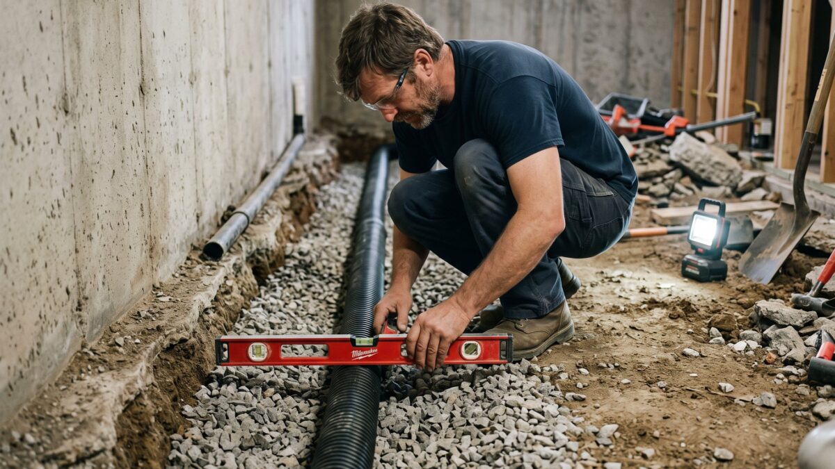 A worker crouched in an open interior trench checking the slope of newly laid corrugated drain pipe with a torpedo level.