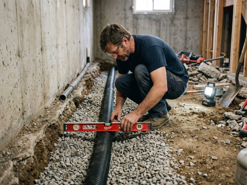 A worker crouched in an open interior trench checking the slope of newly laid corrugated drain pipe with a torpedo level.