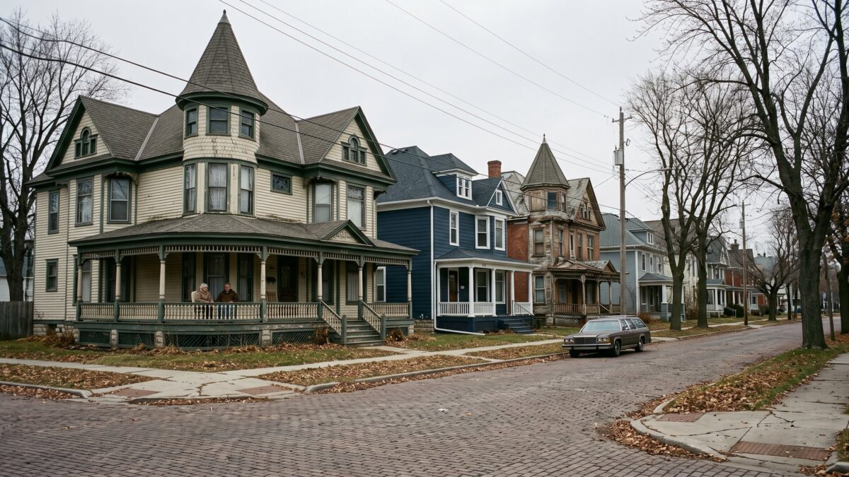 A grand old street of large pre-1930 Victorian houses with towers and wraparound porches, some restored and some weathered.