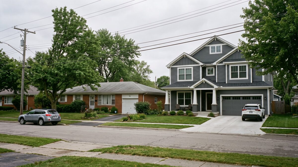 A suburban street where a large new two-story infill home stands beside a modest 1950s ranch.