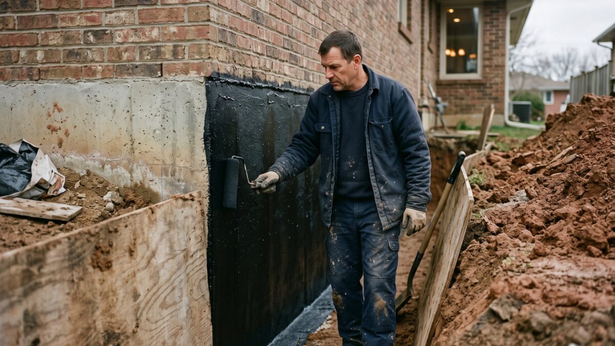 A worker in an excavated trench applying black rubberized waterproofing membrane to the outside of a brick home's foundation wall.