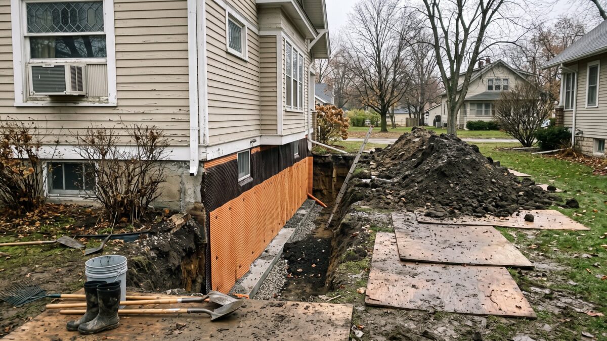 An open trench beside a foundation dug to the footing, with the wall face coated in waterproofing membrane and covered by dimpled drainage board.