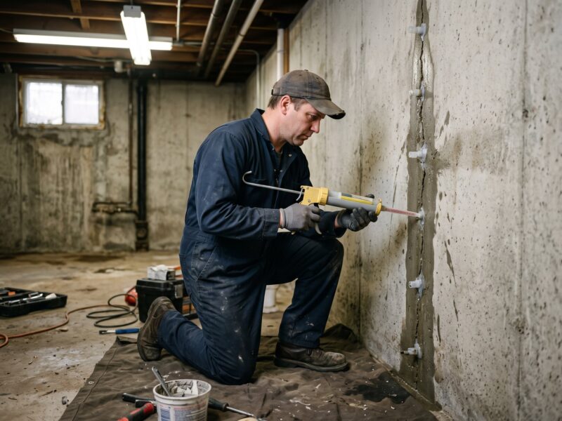 A technician kneeling at a poured concrete basement wall, injecting a vertical crack through plastic ports with an injection tool.