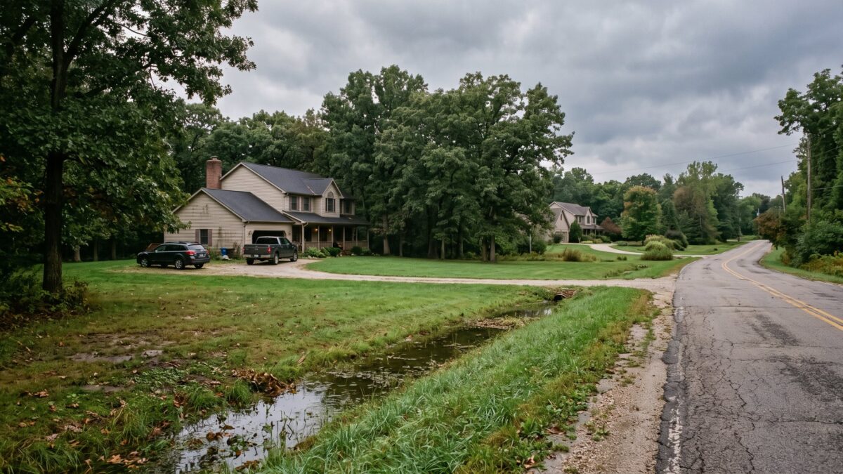 Custom homes on large wooded lots along a road without curbs, with standing water in a grassy roadside swale.