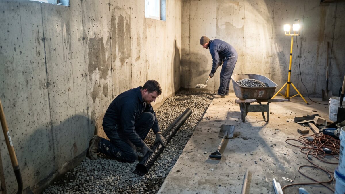 Two workers installing interior drain tile in a basement: corrugated pipe laid on washed gravel in an open perimeter trench along the foundation wall.