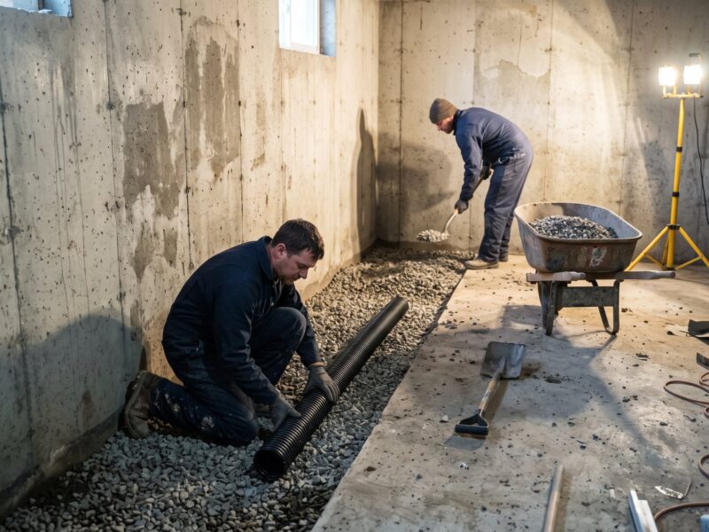 Two workers installing interior drain tile in a basement: corrugated pipe laid on washed gravel in an open perimeter trench along the foundation wall.