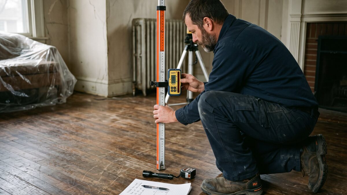 A technician kneeling on a hardwood floor reading a rotary laser level receiver on a grade rod to measure how far the floor has settled.