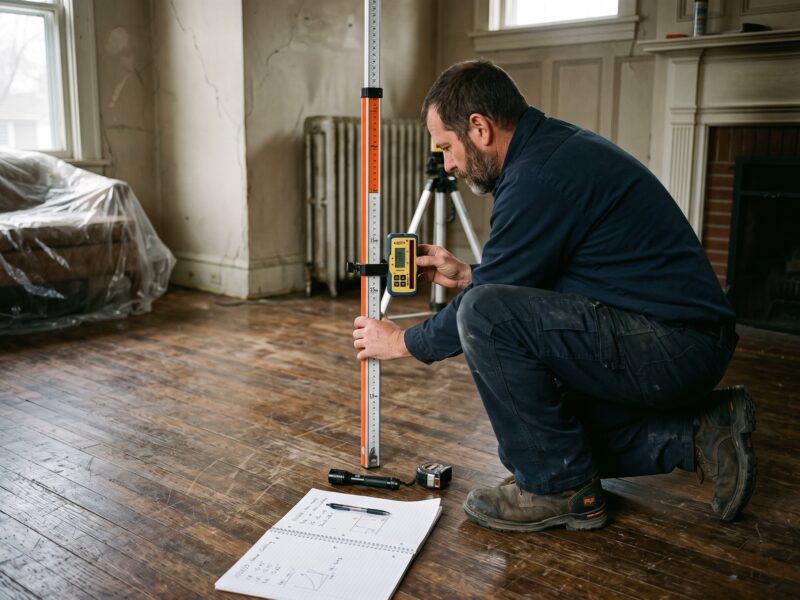 A technician kneeling on a hardwood floor reading a rotary laser level receiver on a grade rod to measure how far the floor has settled.