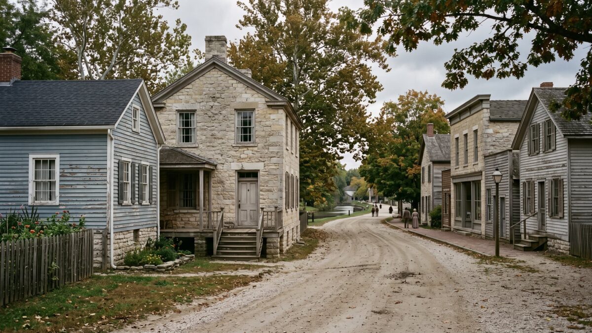 A historic canal-town street with mid-1800s limestone and clapboard buildings on cut-stone foundations.