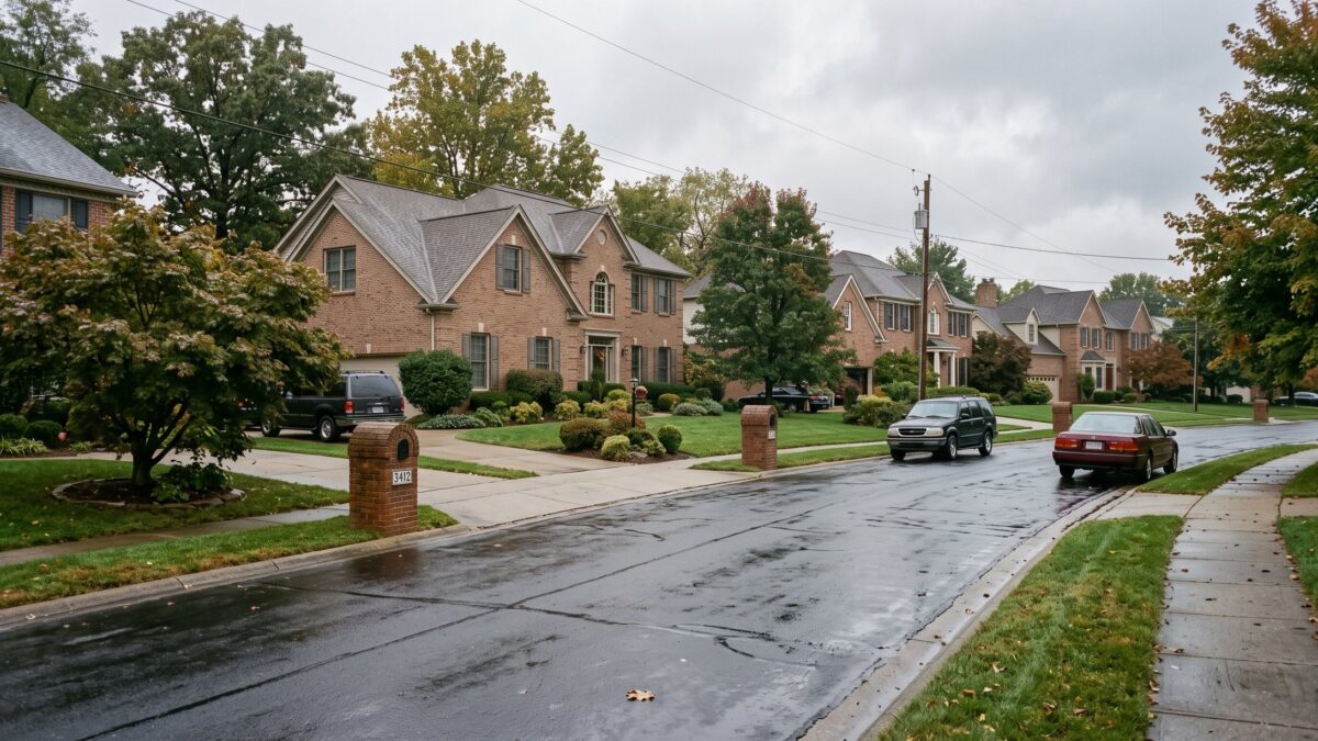 An affluent 1990s street of large brick-front two-story homes with manicured landscaping on wet asphalt.