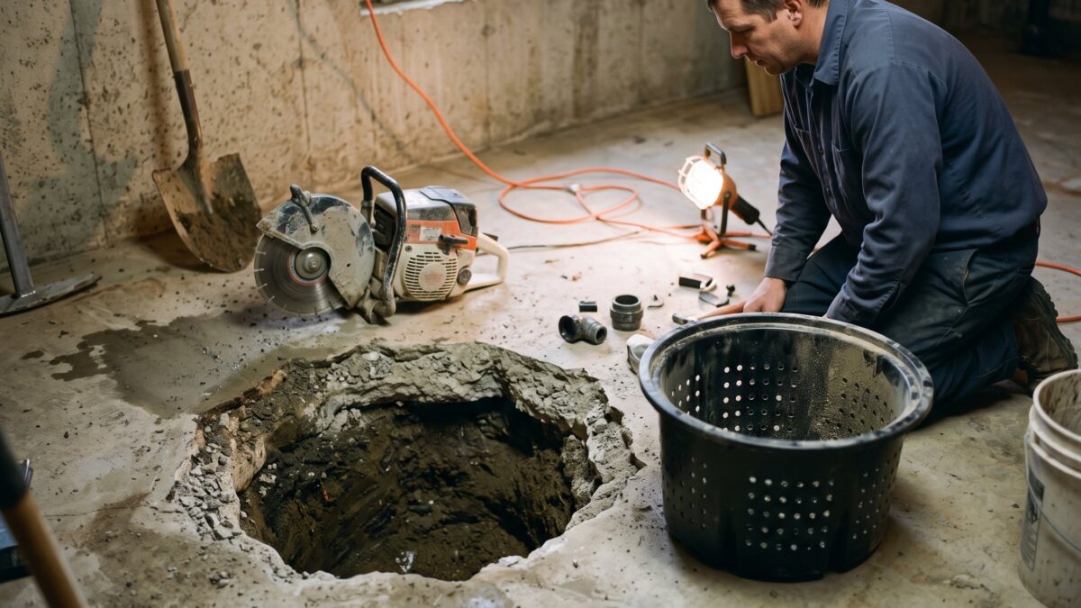 A freshly cut sump pit opening in a basement concrete floor with a new perforated basin ready to set beside it.