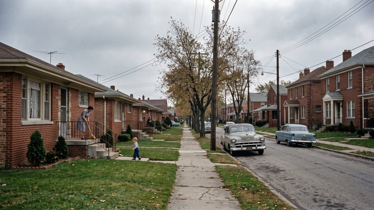 A dense post-war street of 1950s brick ranches and Georgian two-stories with neat small lawns.