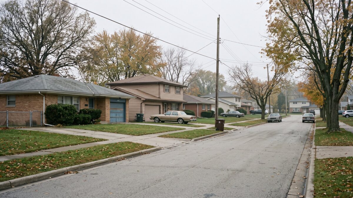 A 1980s suburban street of brick ranch homes and two-story houses on flat heavy lawns.