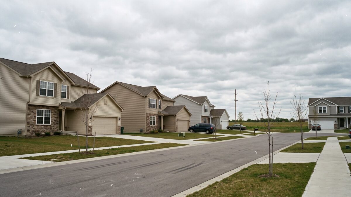 A sprawling 2000s subdivision street of two-story homes on dead-flat former farmland under a big sky.