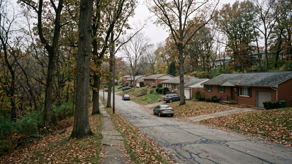 A hilly wooded suburban street with ranch homes among tall mature oaks on sloped lots near a ravine.