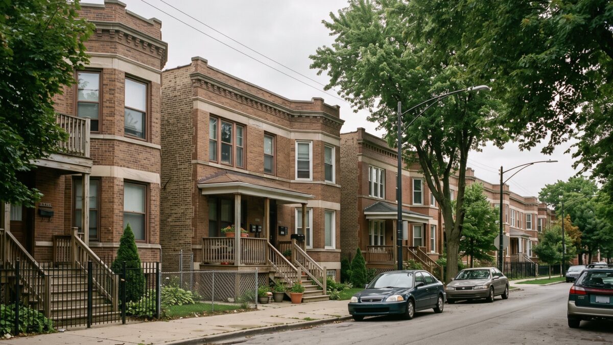 A dense pre-war residential street of brick two-flat buildings with narrow gangways, raised stoops and mature trees.