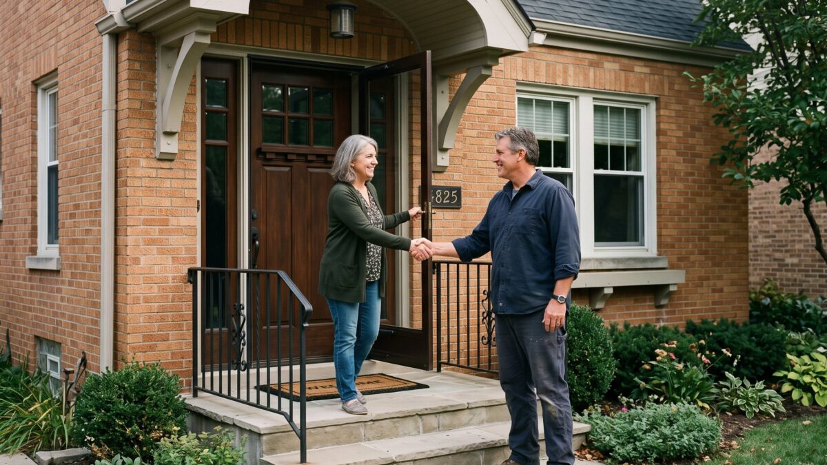 A contractor in navy work clothes shaking hands with a homeowner at the front door of a brick Chicago bungalow.